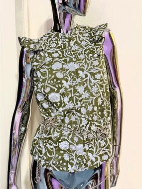 Spring Special🌷💦🍀 Olive Green + Blue Floral Ruffle Sleeve Blouse - cotton